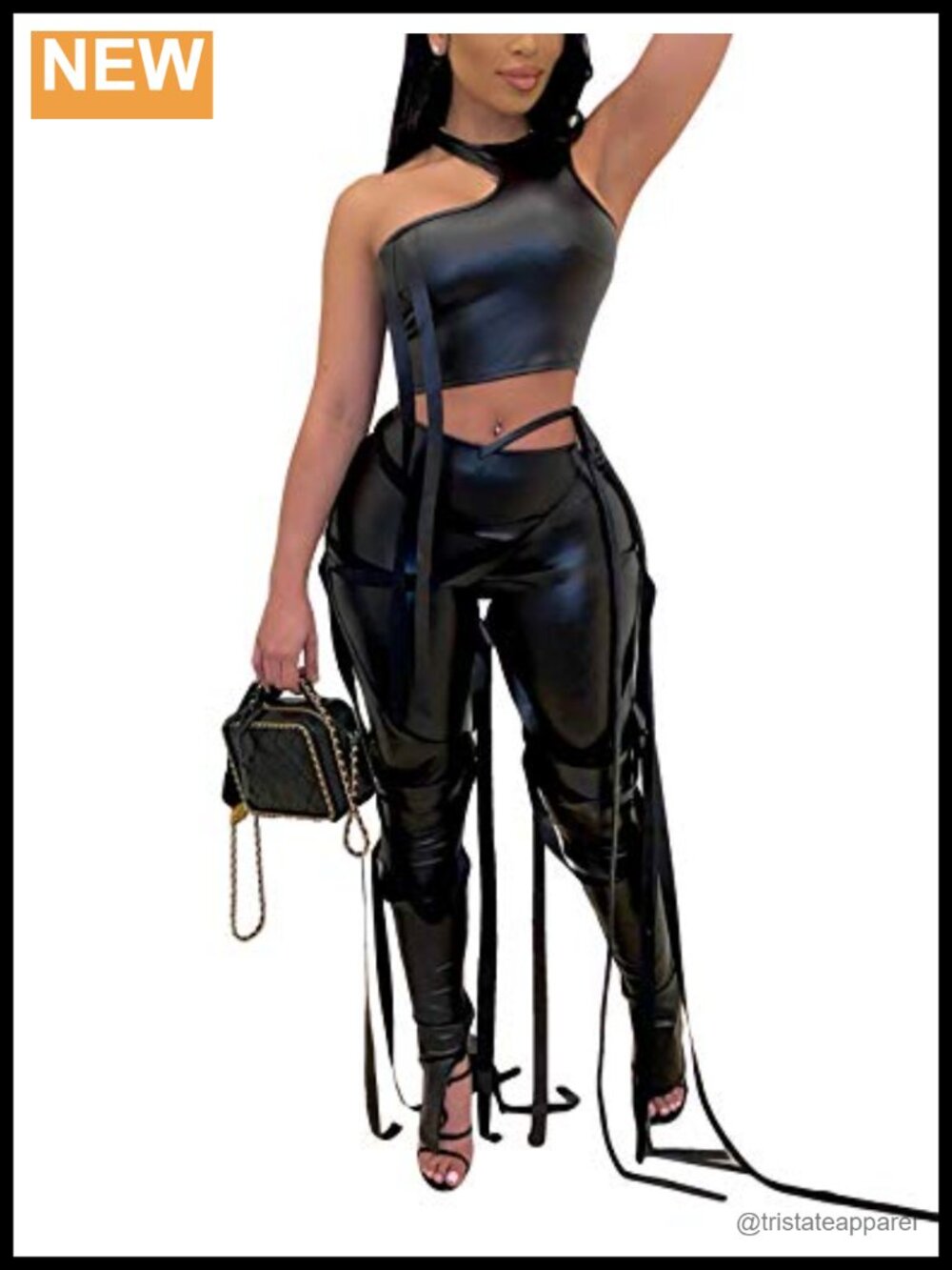 Women's Sexy 2 Piece Outfit Sleeveless Tank Top Lace Up Split Bodycon Pants Set